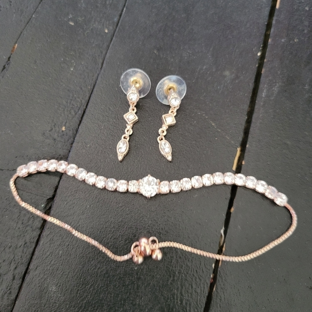 Rose Gold Earrings Matching Set Adjustable Chain Tennis Bracelet Crystal Jewelry